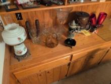 Fenton basket, Stein, glassware, hanging banquet lamp and small hand painted lamp