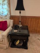 Pair of dark finish pine one drawer end tables with matching lamps and decor