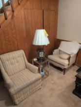 Pair of vintage upholstered chairs, lamp and glass top side table