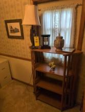 4 Tier shelf, Danbury clock, lamp and decor