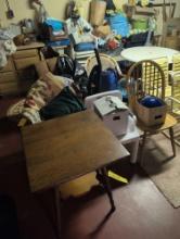 Assorted chairs, shower chair, lamp table, gazing balls