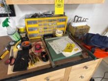 misc table top contents, screws, reel , tester