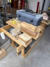 work bench platform with misc wood, tool box with bits , misc
