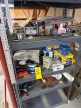 metal shelf with misc contents, paint, tools, supplies