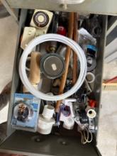 4 drawers of misc handy man supplies, pipe parts, cord, misc