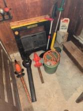 Electric hedge trimmers, weed whips, saw horses and dirt devil