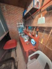 Potting bench, whee. barrow, garden tools, decor
