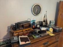 Dresser box, radios, wall art, and decor