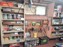 Contents of work bench, hand tools, Figurines, car decor