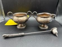 Sterling Silver Creamer, Sugar, and Sterling Handle Candle Snuffer