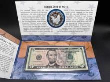 Making American History Coin and Currency set, 2012s American Eagle Silver Proof coin & 2009 $5 note