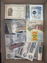 Collectors grouping of Lincoln head cents, coins, tokens, stamps, harmonica, reproduction