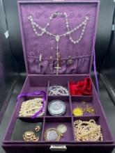 Costume Jewelry, rings, necklaces, pins, earrings, soft jewelry box