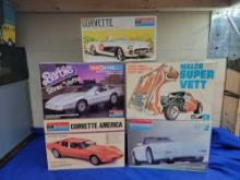 5 Corvette Model Kits including Barbie Doll Silver Vette