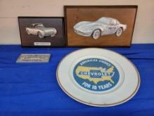 3 Vintage Corvette Plaques and Warwick China Chevrolet Plate