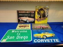 6 modern Tin Signs 4 Corvette 1 Firestone 1 San Diego