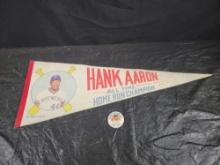 Hank Aaron All Time Home Run Champion Pennant + Pinback