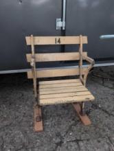 Early solid wood slat w iron frame stadium bleacher seat, lift top seat