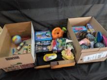 2 boxes of modern and vintage toys, Diaper U bank, tin noisemaker, globe bank