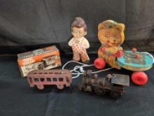 Big Boy rubber toy, Mack truck bank, cast iron toys, Fisher Price pull toy
