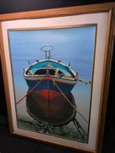 Igor Medvedev Boat tied to shore serigraph on woven paper frame
