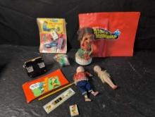 My Merry Gas station set, Keebler Elf memorabilia, Asian doll, Hawaiian girl music box