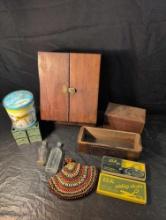 Small wall cabinet, advertising bottles, dainty metal file, recipe box and more