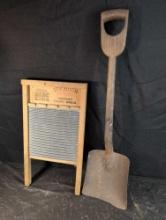 National wash board and wood handle shovel