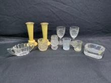 French Ivory celluloid candle sticks, wines, tooth picks, Heisey
