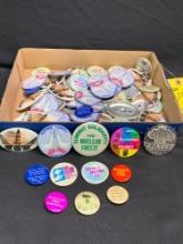 Box lot of assorted advertising, Portage county, anti Nuke and more buttons