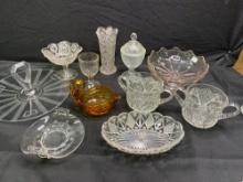2 boxes of assorted antique pattern glass, swan, doughnut tray, open sugars, Imperial vase