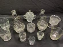 Fostoria American Block, Paden City candle sticks, turn of century shot glasses