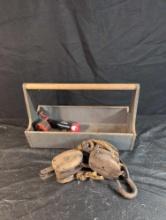 Tin carry all with wood barn pullies