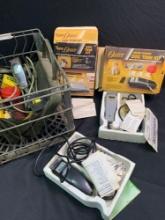 Early milk crate with assorted dog clippers and accessories