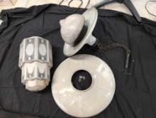 Early glass hanging light fixtures and assorted milk glass shades
