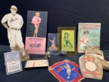 Sewing kit, Paper advertising, Santa ornament and baseball items