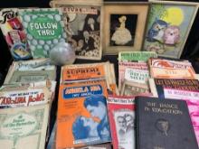 Large box of antique sheet music and holder, many covers worth framing