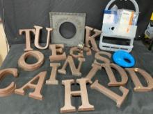 Woods letters, frame, bathroom caddy