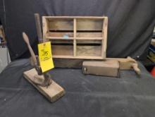 Antique bottle capper, corn jabber and wood crate