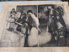Dark themed hospital scene pastel or chalk unframed artwork signed AP