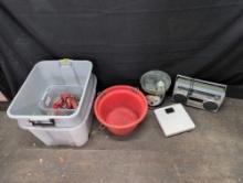 Radio, livestock pan, dog clippers and bathroom scale