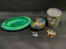 Swarovski Crystal pig and crab, cloisonne dessert box and Czech soap dish