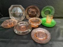 Box lot of assorted green and pink Depression dishes