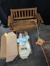 Childs wood bench, doll and pop machine toy