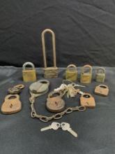 Group of antique rail road and pad locks, assorted unrelated keys