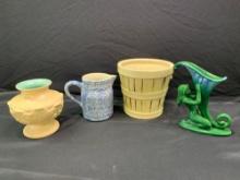 RumRill vase, MCM lady cornucopia, spongeware pitcher