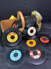 Box of 45 records, James Brown, Aretha Franklin, Rolling Stones and more