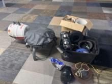 fire pit, bbq, lamps and sports gear