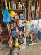 Metal Shelving Unit & Contents - Oils, Hardware, Cleaning Supplies, Electronics, & more