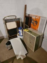 Corner Contents - Box Fans, Step Stool, & Wood Items